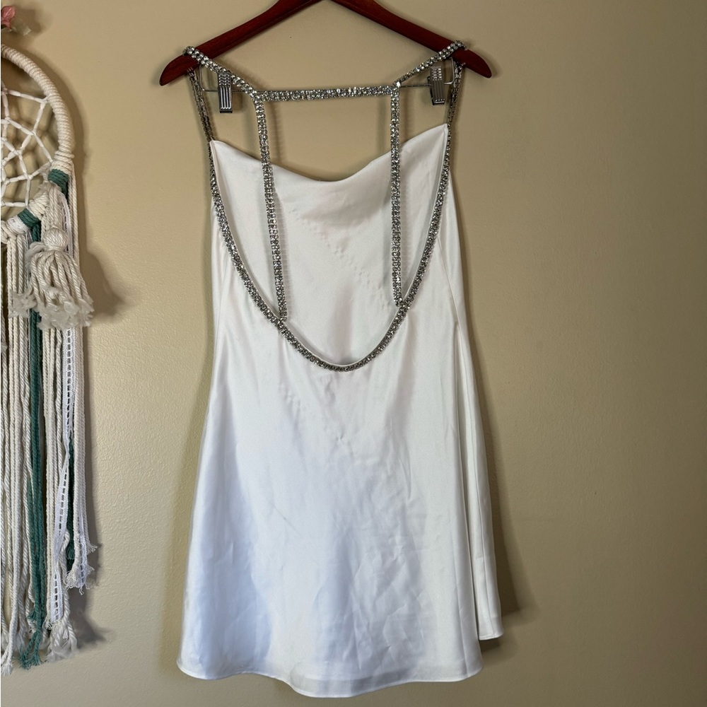 Show Me Your MuMu White Satin Mini Dress with Rhinestone Straps - Picture 5 of 10